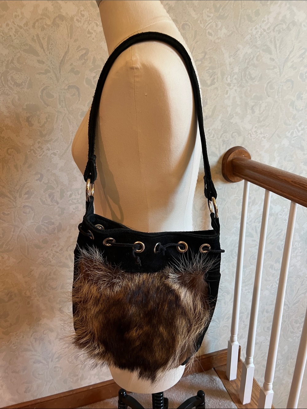 Handmade Black Suede Shoulder Bag with Racoon Fur Front and Back Panel